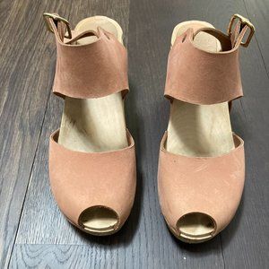Bryr Miranda Peep Toe High Heel Clogs | Clay Nubuck | Size 39 (US 9-9.5)